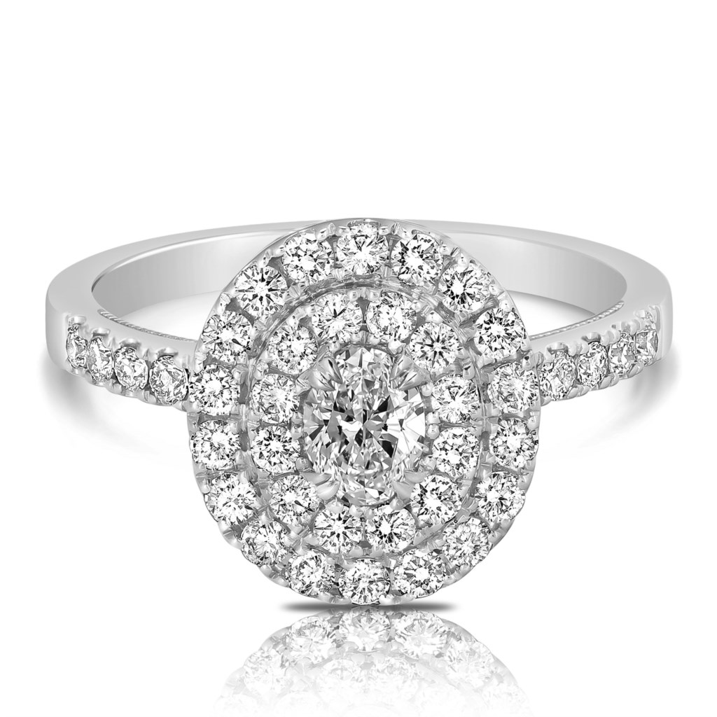 14 Karat White Gold Double Halo Ring With One 0.31ct Oval Diamond And 44=0.70tw Round Diamonds