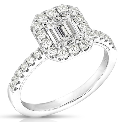 14 Karat White Gold Engagement Ring With One 0.71Ct Emerald Diamond  And 28=0.45Tw Round Diamonds