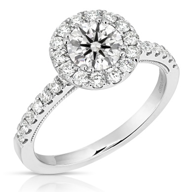 14 Karat White Gold 1.01 Ct Round Brilliant Cut Diamond With Diamond Halo 0.52 Ct