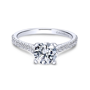 Gabriel & Co: 14 Karat White Gold Diamond Engagement Ring With One Round Brilliant Cut Diamond E SI1  0.50ct And 20 Round Brilliant Diamonds GH/SI2 At  0.24tw
 GIA Certificate