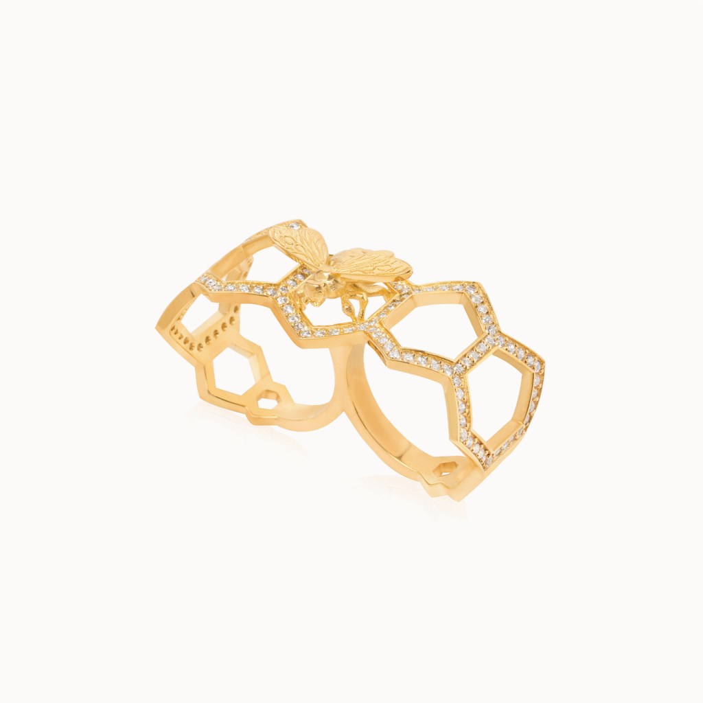 Jason of Beverly Hills 14 Karat Yellow Gold Honeycomb And Bee Double Finger Diamond Ring 0.90 Ct