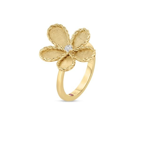 Roberto Coin 18 Karat Yellow Gold Jasmine Flower Satin Finish Diamond Ring 0.02 Ct