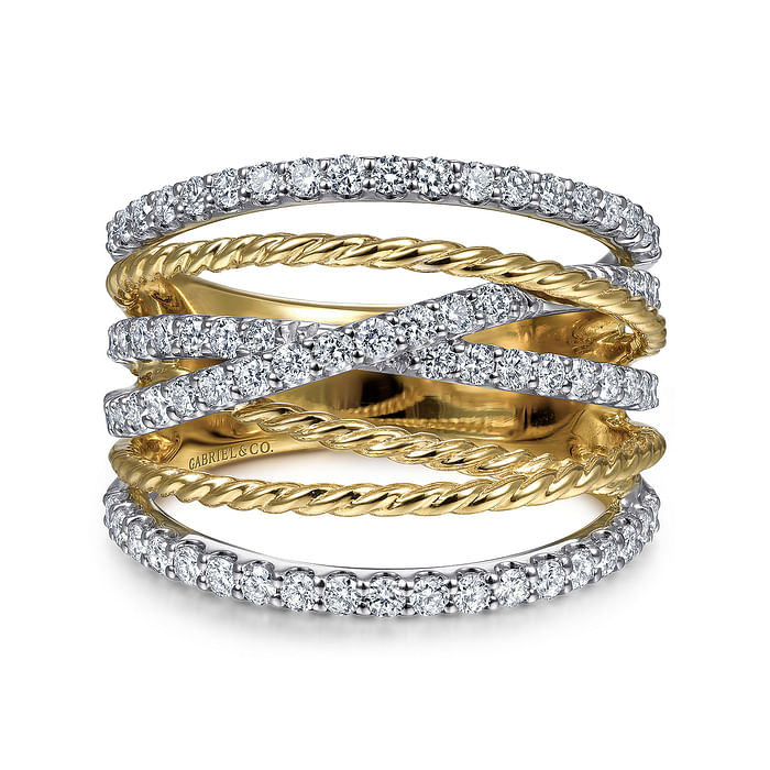 Gabriel & Co14K White-Yellow Gold Twisted Rope and Diamond Multi Row Ring 0.86  Total Diamond Weight