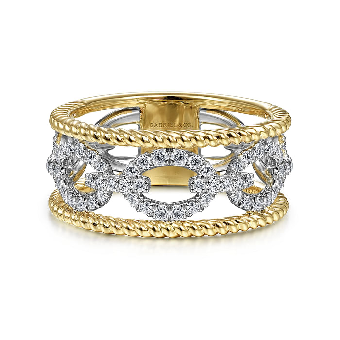 Gabriel & Co14K White-Yellow Gold Diamond Link and Twisted Rope Ring 0.43ctw