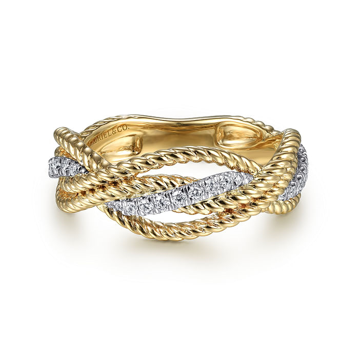 Gabriel & Co 14K White-Yellow Gold Twisted Rope and Diamond Intersecting Ring 0.17ctw