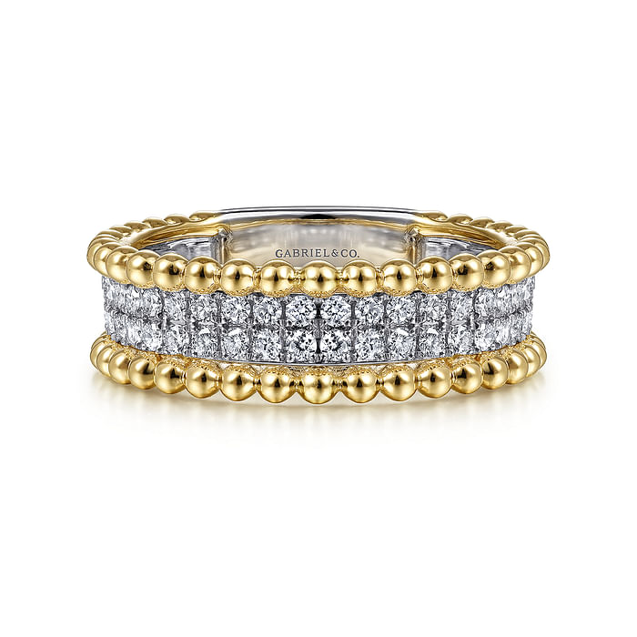 Gabriel & Co14K White-Yellow Gold Three Row Diamond and Bujukan Bead Ring 0.42ctw