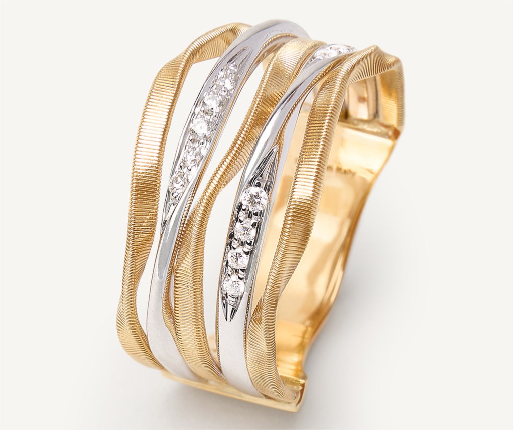 Marco Bicego 18 Karat Yellow& White Gold Five Row Marrakech Onde Ring 
Diamond Total Carat Weight:  0.10