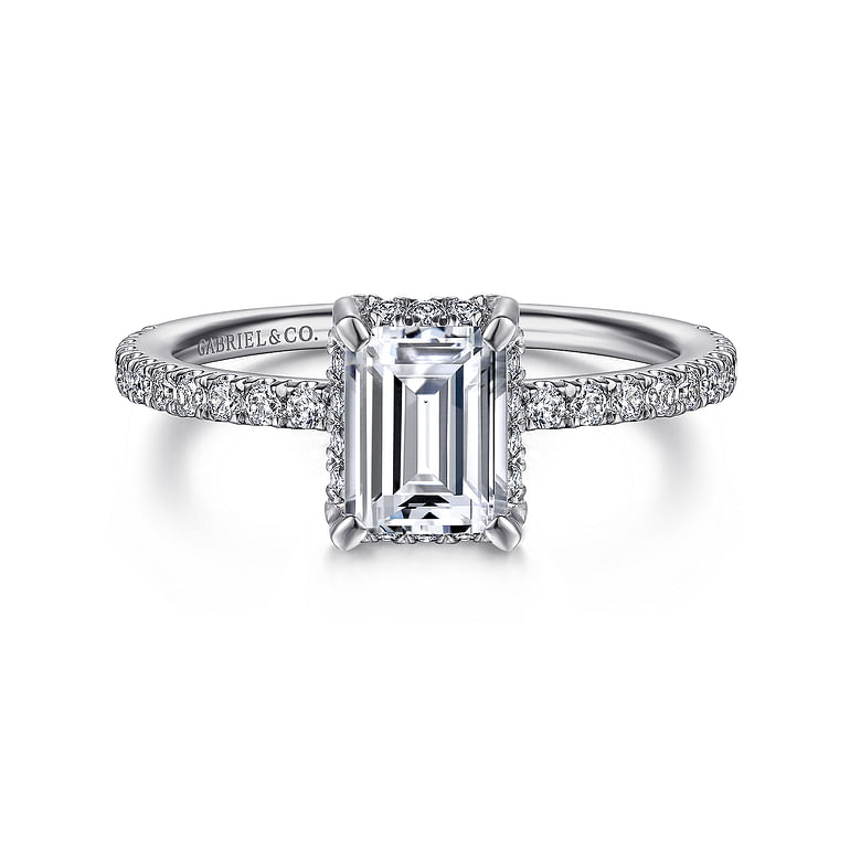 Gabriel & Co 14 Karat White Gold Emerald Cut Halo Diamond Semi-Mount Engagement Ring 0.29 Total Diamond Weight