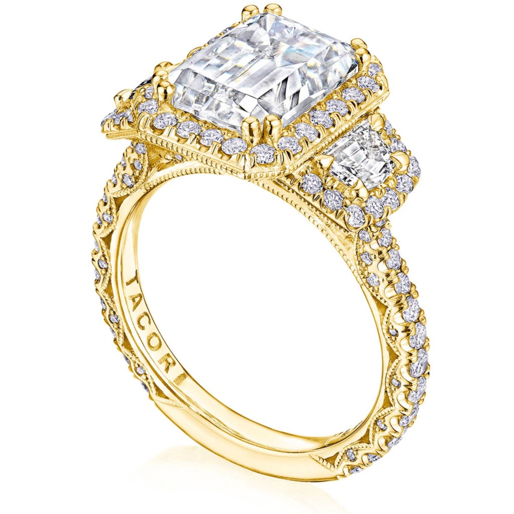 Tacori 18 Karat Yellow Gold Emerald Cut Halo Royal T Cathedral Semi-Mount With Cadilac Sides 1.45 Ct