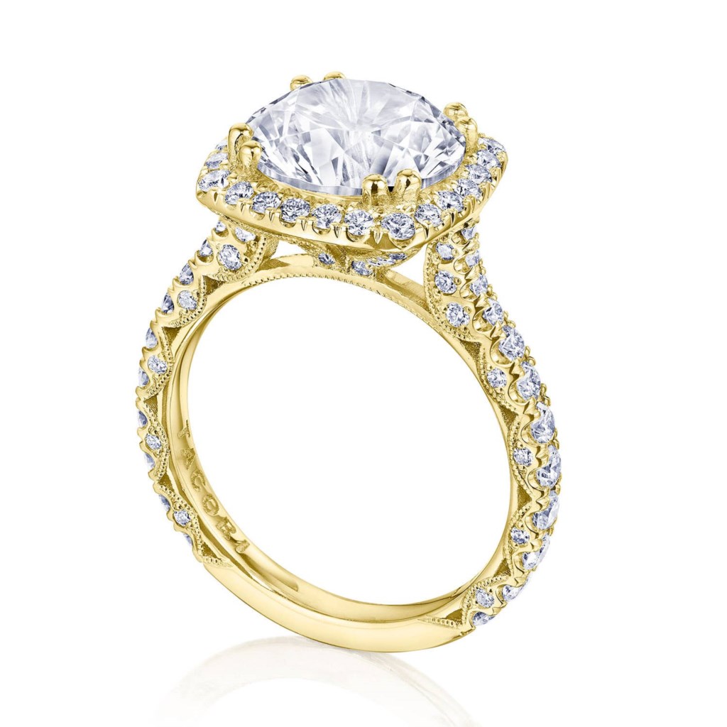 Tacori 18 Karat Yellow Gold Royal T Cathedral Cushion Halo Diamond Semi-Mount 0.98 Ct