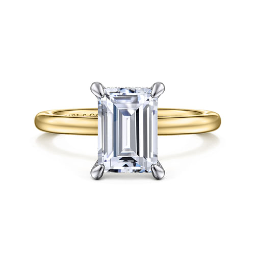 14K White-Yellow Gold Hidden Halo Emerald Cut Diamond Semi-Mount Engagement Ring 0.07ctw