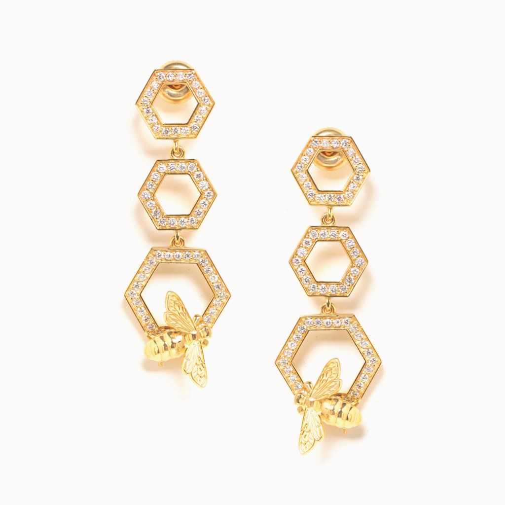 Jason Of Beverly Hills 14 Karart Yellow Gold Honeycomb And Bee Diamond Earrings 1.05 Cts