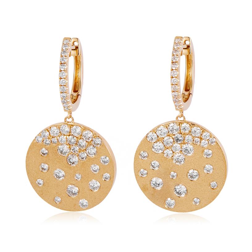 14 Karat Yellow Gold Distressed Finish Scattered Diamond Disc Earrings On Small Hoops 1.99Ct