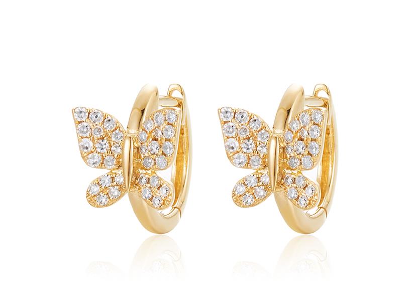 14 Karat Yellow Gold Small Butterfly Hoop Earrings With 0.36Tw Single- Cut Round Diamonds