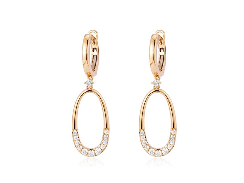 14 Karat Yellow Gold Small Hoop Earrings With Oval Dangle And 22=0.39Tw Round Diamonds