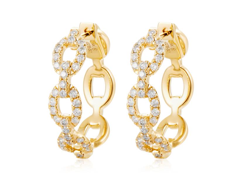 14 Karat Yellow Gold Medium Link Hoop Earrings With 0.75Tw Round Diamonds