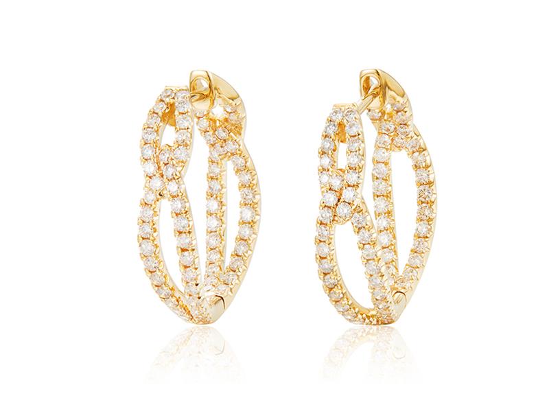 14 Karat Yellow Gold Medium Inside/Outside Swirl Hoop Earrings With 1.18Tw Round Diamonds