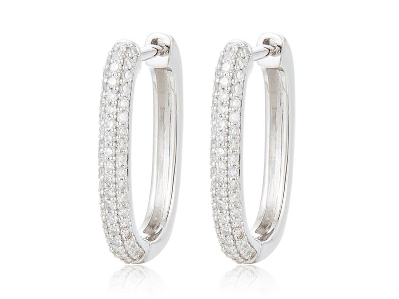 Platinum Oval Pave Set Small Hoop Earrings With 0.46Tw Round Single- Cut Diamonds