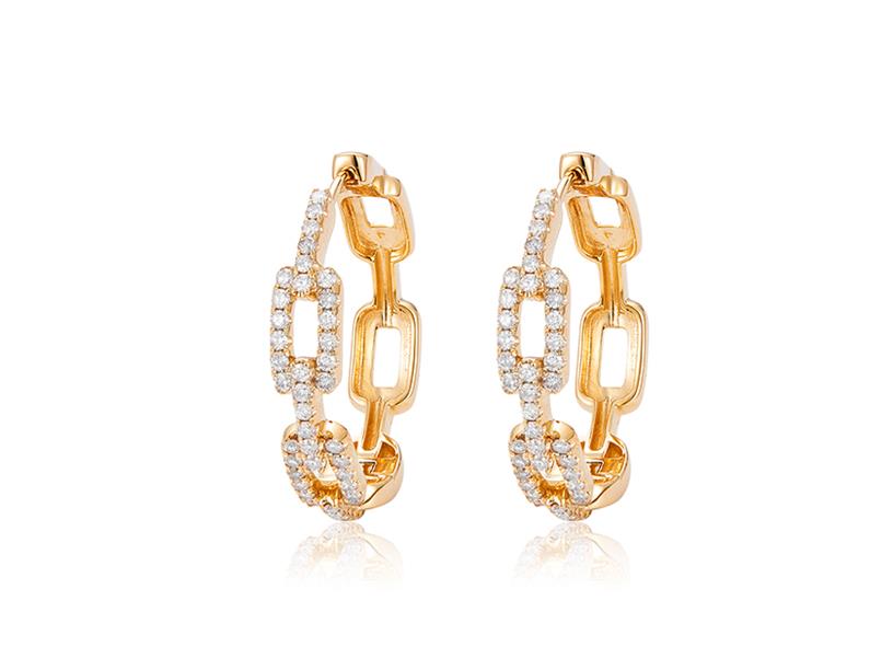 14 Karat Yellow Gold Medium Link Hoop Earrings With 0.83Tw Round Diamonds