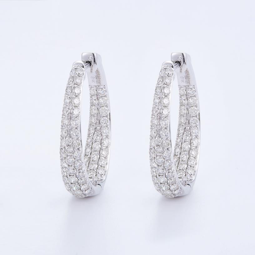 14 Karat White Gold  Medium Tappered Oval Pave` Set Inside/Outside Hoop Earrings With 2.73Tw Round Diamonds