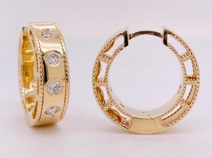 14 Karat Yellow Gold Medium Thick Burnished Set Hoop Earrings With 8=0.57Tw Round  Diamonds