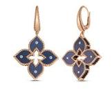 Roberto Coin 18 Karat Rose Gold Blue Titanium Diamond Venetian Princess Flower Dangle Earrings 0.09 Ct