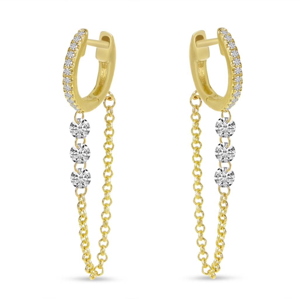 Brevani 14K Yellow Gold Dashing Diamond Triple Diamond Chain Huggie Earrings