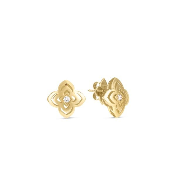 Roberto Coin 18 Karat Yellow Gold Palazzo Ducale Carnevale Medium Diamond Flower Stud Earrings 0.09 Ct