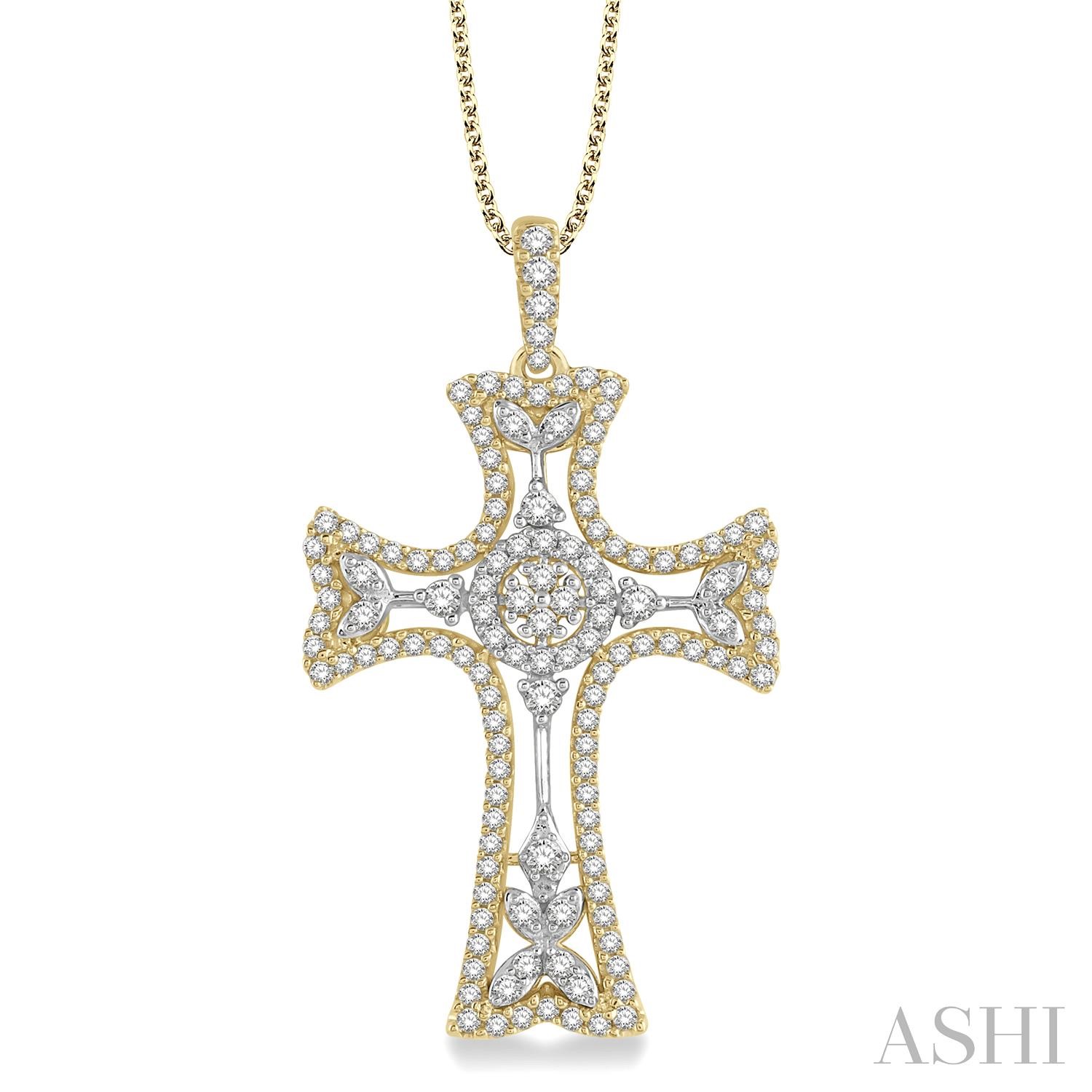 14 Karat Yellow And White Gold 0.85 Ct Diamond Cross 18 Inch