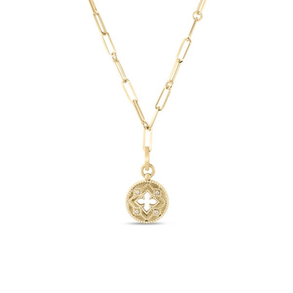 Roberto Coin 18 Karat Yellow Gold Venetian Princess Small Medallion W/ Diamonds & Cutout On Paperclip Chain 0.08Crtw