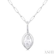 14 Karat White Gold 0.20 ct Marquise Brilliant Cut Diamond Bezel Set Pendant Paperclip 18 Inch