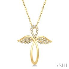 10 Karat Yellow Gold Diamond Angel Wings Cross 0.15 Ct 18 Inch