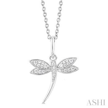 10 Karat White  Gold Single Cut 0.10 Ct Diamond Dragonfly Pendant 18 Inch