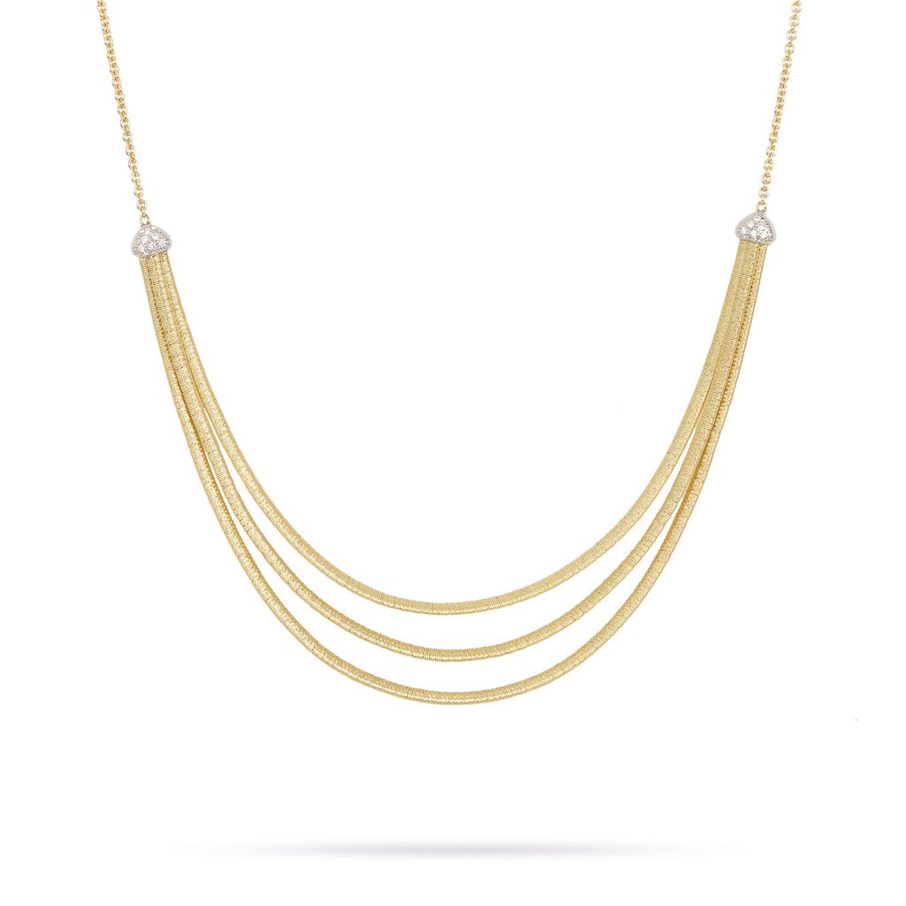 Marco Bicego 18K Yellow & White Gold Cairo 3-Strand Necklace With Diamonds 
Diamonds total carat weight:  0.09 ctw
Length: 16.5 Inch