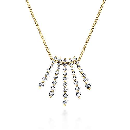 Gabriel & Co 14 Karat Yellow Gold Gold Graduating Diamond Bar Fan Necklace With 39=0.69 tw Round SI1-2 Diamonds 
Chain Length: 17.5 inch