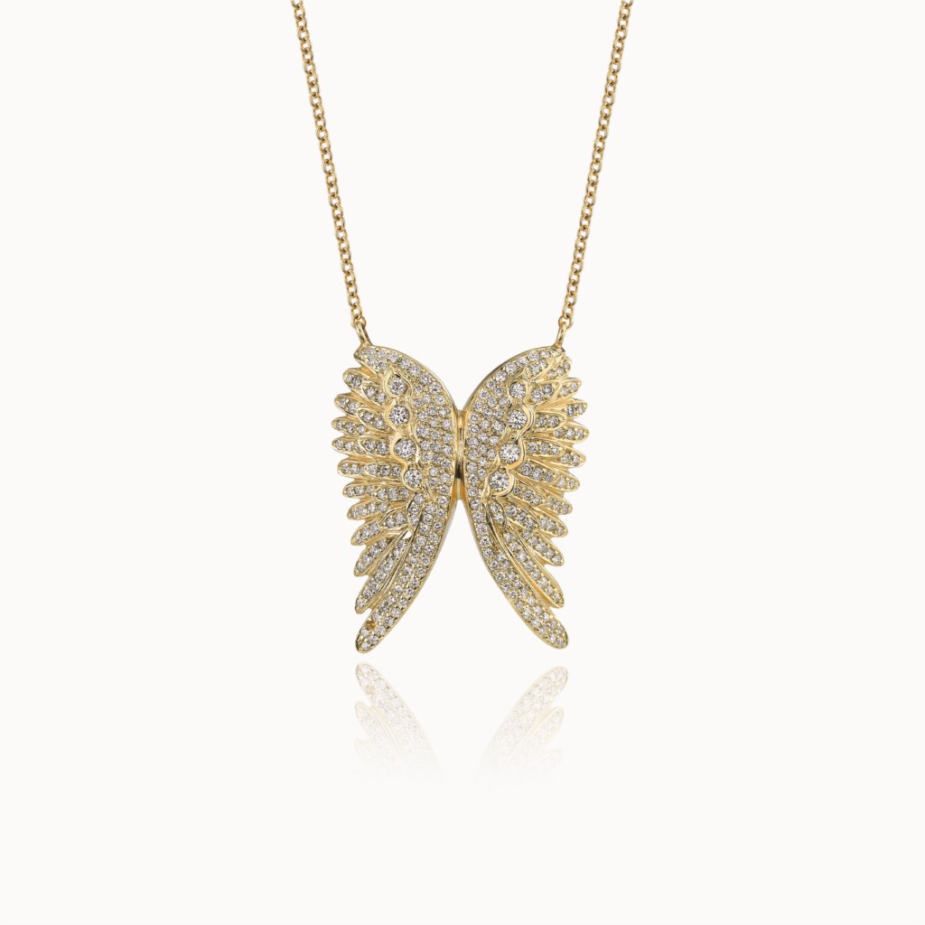 Jason Of Beverly Hills 18 Karat Yellow Gold Spreading Angel Wing  Necklace With 0.59Tw Round F/G VS Diamonds 
Length: 18