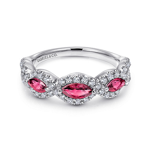 Gabriel & Co 14 Karat White Gold Twisted  0.47 Ct Diamond Rows And  0.62 Ruby Marquise Ring