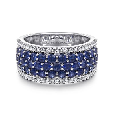 Gabriel & Co 14 Karat White Gold 0.24 Ct Diamond And 2.10 Cts Blue Sapphire Wide Band