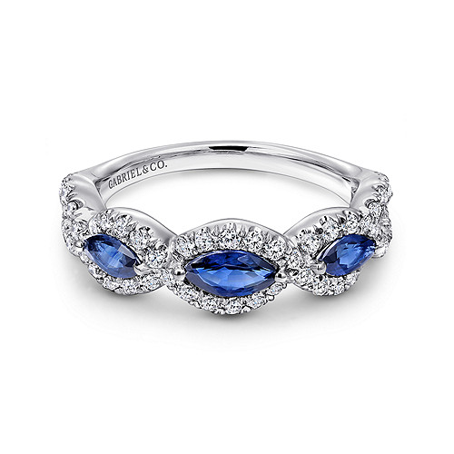 Gabriel & Co 14 Karat White Gold Twisted  0.47 ct Diamond Rows And 0.73 ct Sapphire Marquise Ring