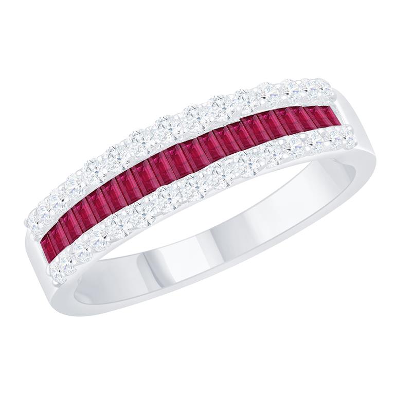 14 Karat White Gold 3-Row Band With 0.50CT Baguette Ruby Gemstones And Round Diamonds 0.54CT
Ring Size: 7.5