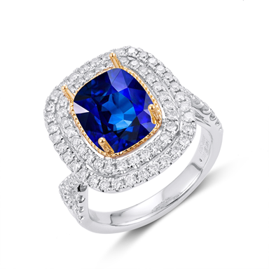 Platinum Double Halo With 14 Karatt Yellow Gold Prongs Ring With One 3.08Ct Oval Sapphire And 0.88Tw Round  Diamonds 
Ring Size: 7