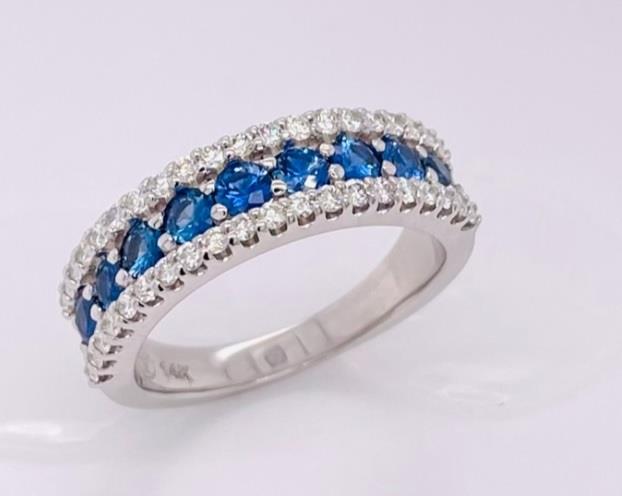 14 Karat White Gold 3-Row Band With 9=1.20Tw Round Sapphires And 40=0.53Tw Round Diamonds 
Ring Size: 7