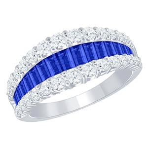 14 Karat White Gold  Tappered 3-Row Ring With 13=1.40Tw Baguette Sapphires And 30=0.86Tw Round Diamonds Ring Size: 7.5