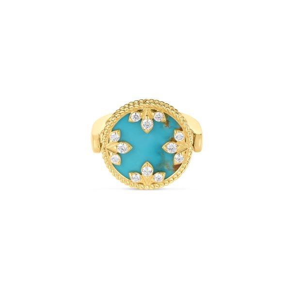 Roberto Coin 18 Karat Yellow Gold Colored Medallions Diamond, Turquoise , & Mother Of Pearl Reversible Ring