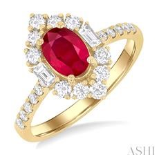 14 Karat Yellow Gold Oval 7 X 5 Mm Ruby With Round Brilliant And Baguette Cut Diamond Ring 0.60 Ct