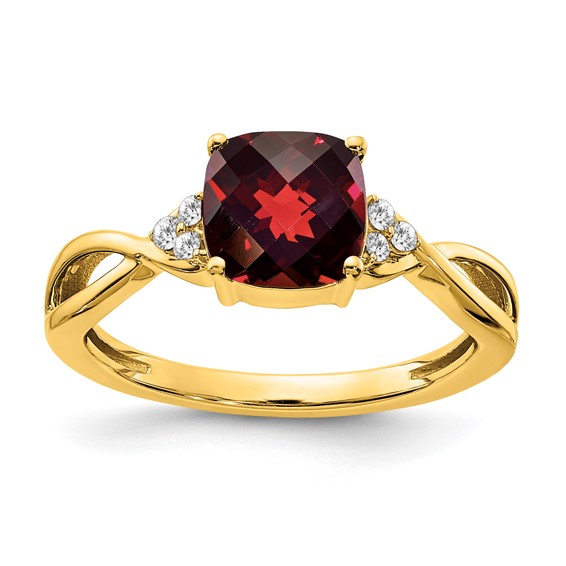 14 Karat Yellow Gold 7.0 Mm Checkerboard Cushion Cut Garnet Ring With Diamond Accents 0.06 Ct