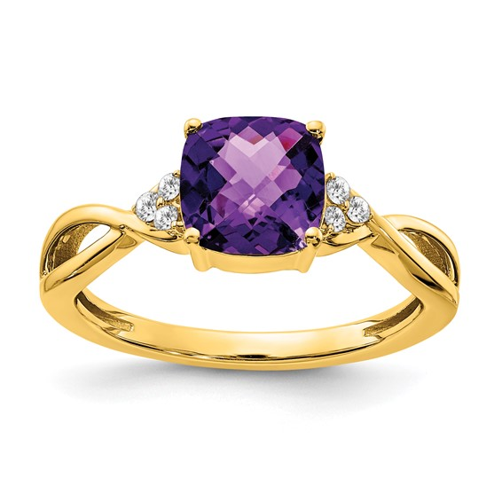 14 Karat Yellow Gold 7.0 Mm Checkerboard Cushion Cut Amethyst Ring With Diamond Accents 0.06 Ct