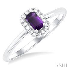 10 karat white gold 5 x 3 emerald cut amethyst and 0.07 ct diamond halo ring