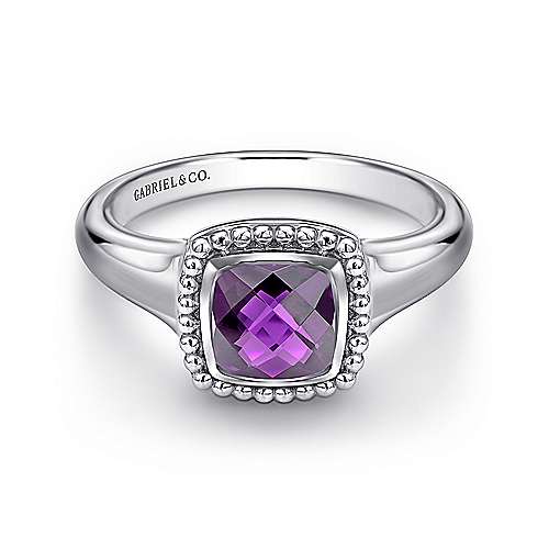 Gabriel & Co Sterling Silver Beaded Cushion Cut Amethyst Ring