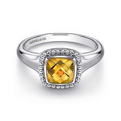 Gabriel & Co Sterling Silver Beaded Cushion Cut Citrine Ring